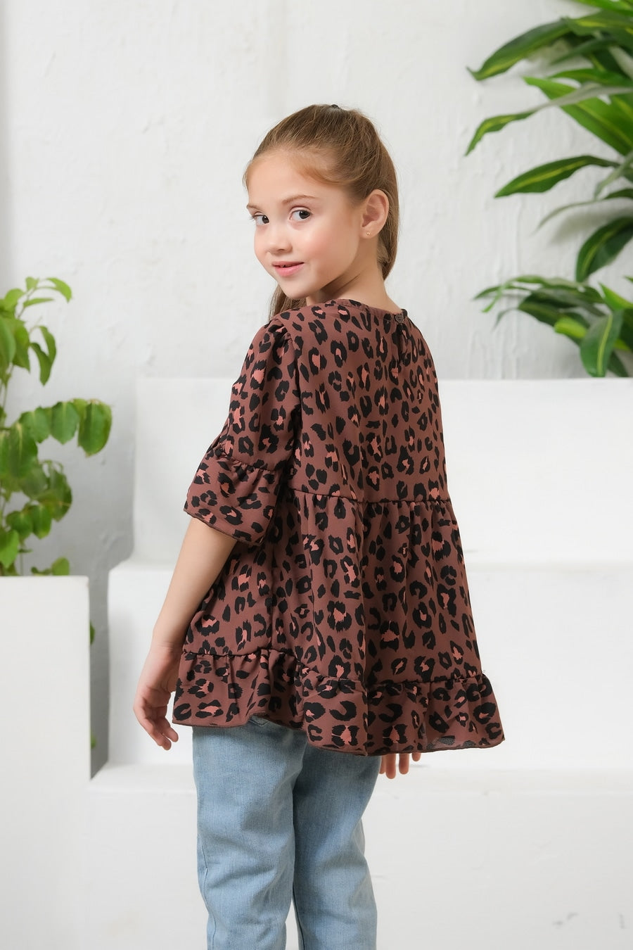 Allover Leopard Print Frill Sleeves Top - Cotton - shirts, topsshirts, kids-clearance - Sprinkles Pakistan