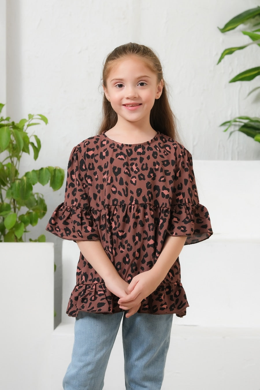 Allover Leopard Print Frill Sleeves Top - Cotton - shirts, topsshirts, kids-clearance - Sprinkles Pakistan