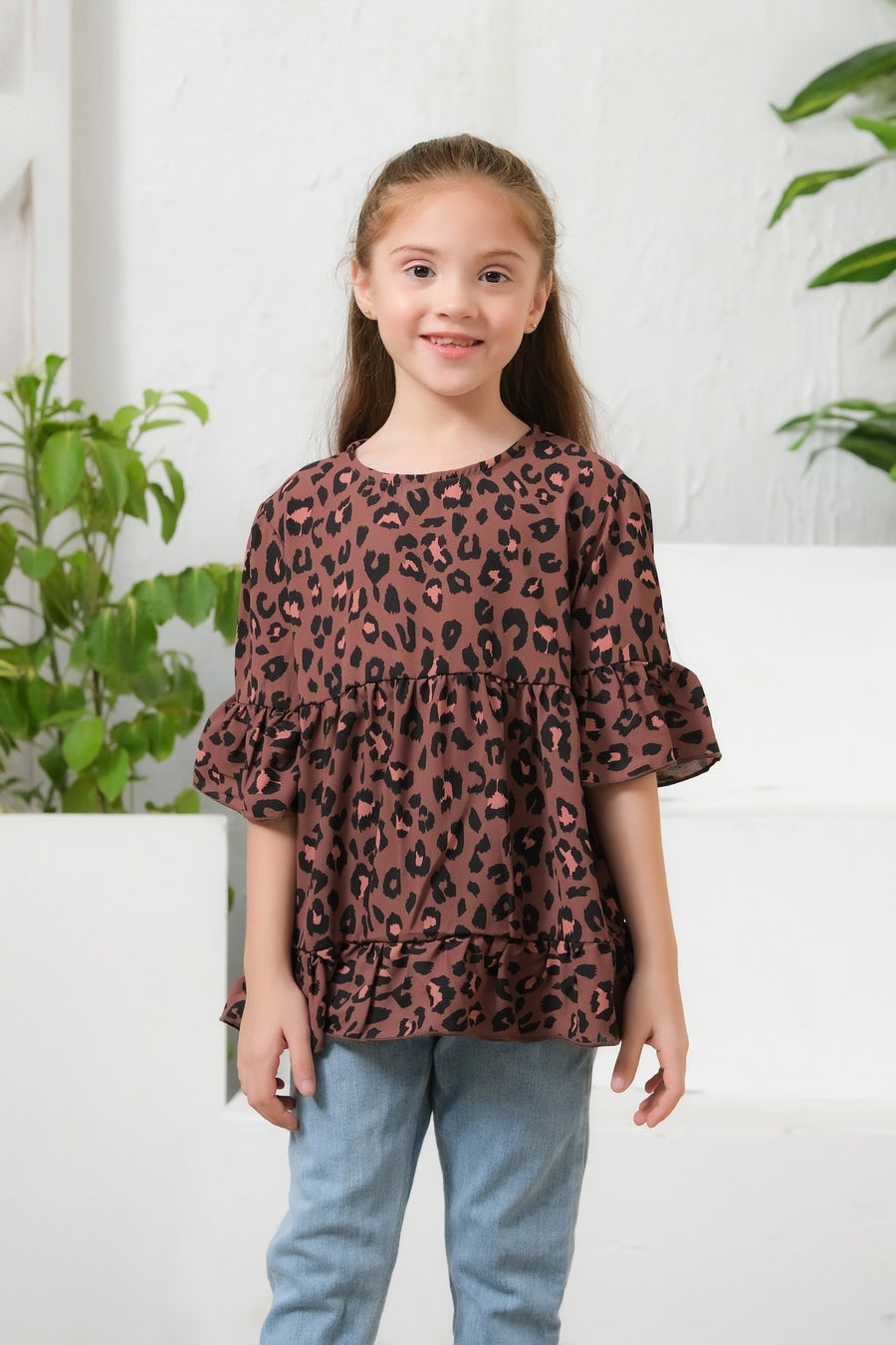 Allover Leopard Print Frill Sleeves Top - Cotton - shirts, topsshirts, kids-clearance - Sprinkles Pakistan