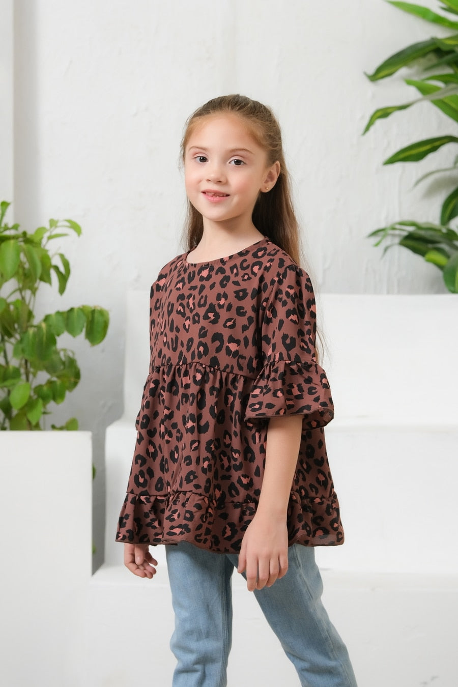 Allover Leopard Print Frill Sleeves Top - Cotton - shirts, topsshirts, kids-clearance - Sprinkles Pakistan