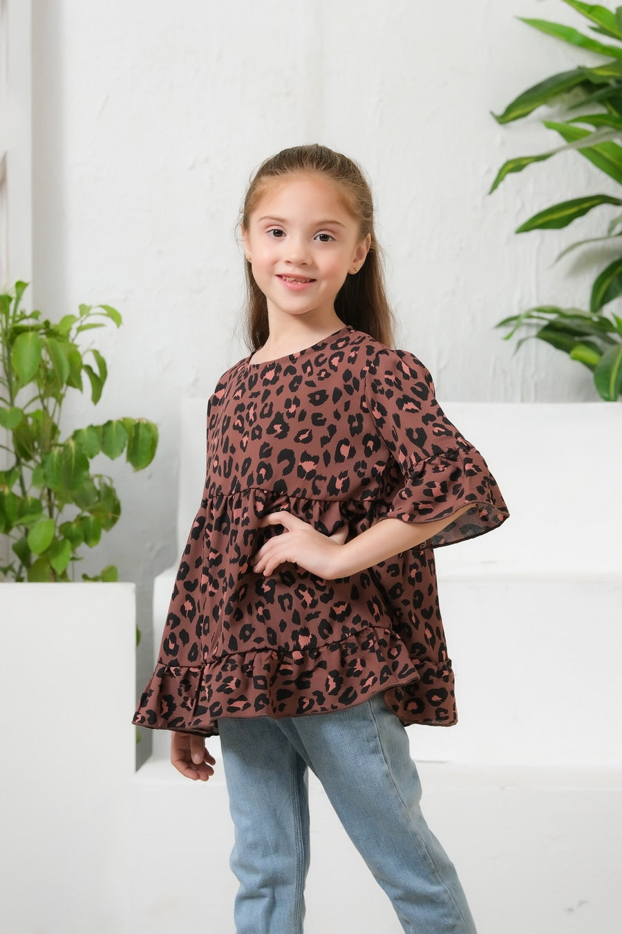 Allover Leopard Print Frill Sleeves Top