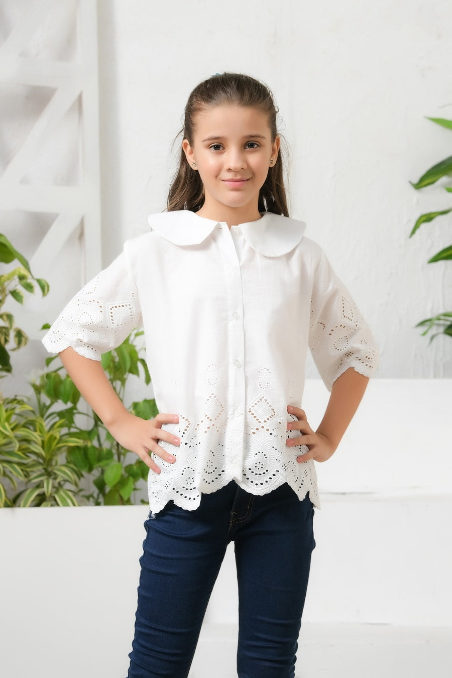 White Drop Shoulders Embroidery Shirt