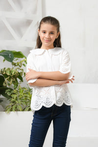 White Drop Shoulders Embroidery Shirt - Chicken Kadi - shirts, topsshirts, kids-clearance - Sprinkles Pakistan