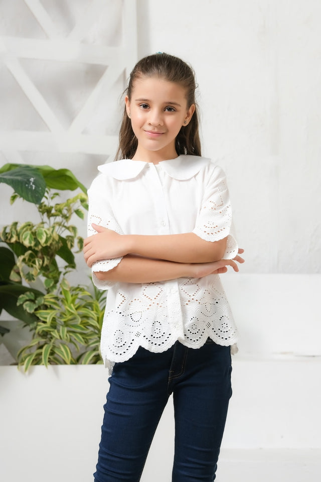 White Drop Shoulders Embroidery Shirt - Chicken Kadi - shirts, topsshirts, kids-clearance - Sprinkles Pakistan