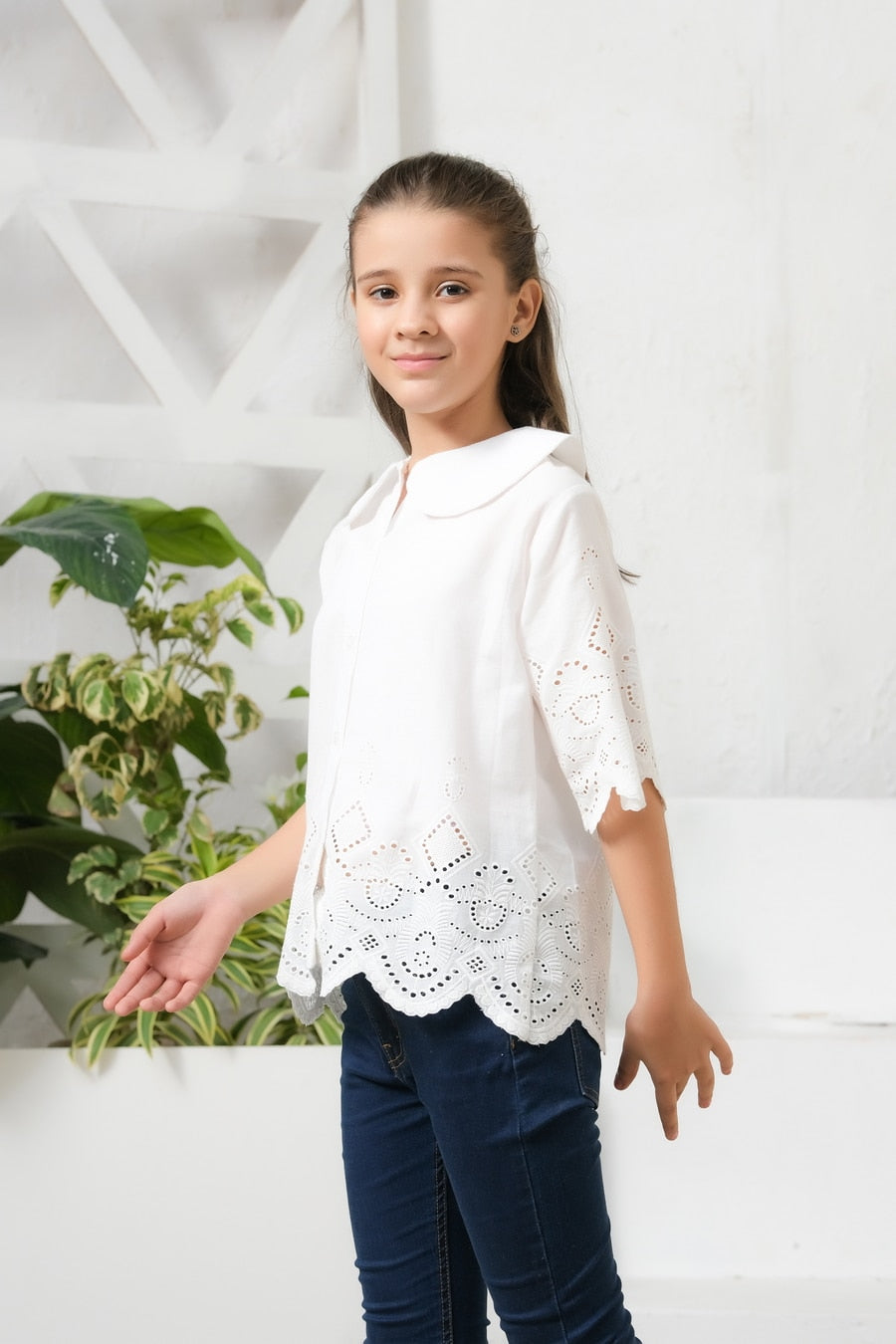 White Drop Shoulders Embroidery Shirt