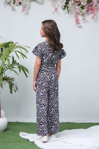 Black Lilacs Floral Print Ruffle Trim Belted Jumpsuit - Woven Fabric - dresses, jumpsuits, kids-clearance - Sprinkles Pakistan