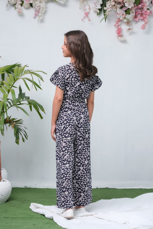 Black Lilacs Floral Print Ruffle Trim Belted Jumpsuit - Woven Fabric - dresses, jumpsuits, kids-clearance - Sprinkles Pakistan