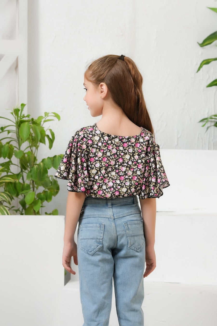 Ditsy Black Floral Print Crop Top - Cotton - shirts, topsshirts, kids-clearance - Sprinkles Pakistan