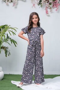 Black Lilacs Floral Print Ruffle Trim Belted Jumpsuit - Woven Fabric - dresses, jumpsuits, kids-clearance - Sprinkles Pakistan