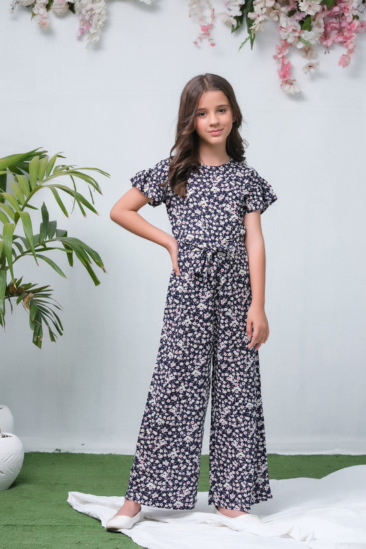 Black Lilacs Floral Print Ruffle Trim Belted Jumpsuit - Woven Fabric - dresses, jumpsuits, kids-clearance - Sprinkles Pakistan