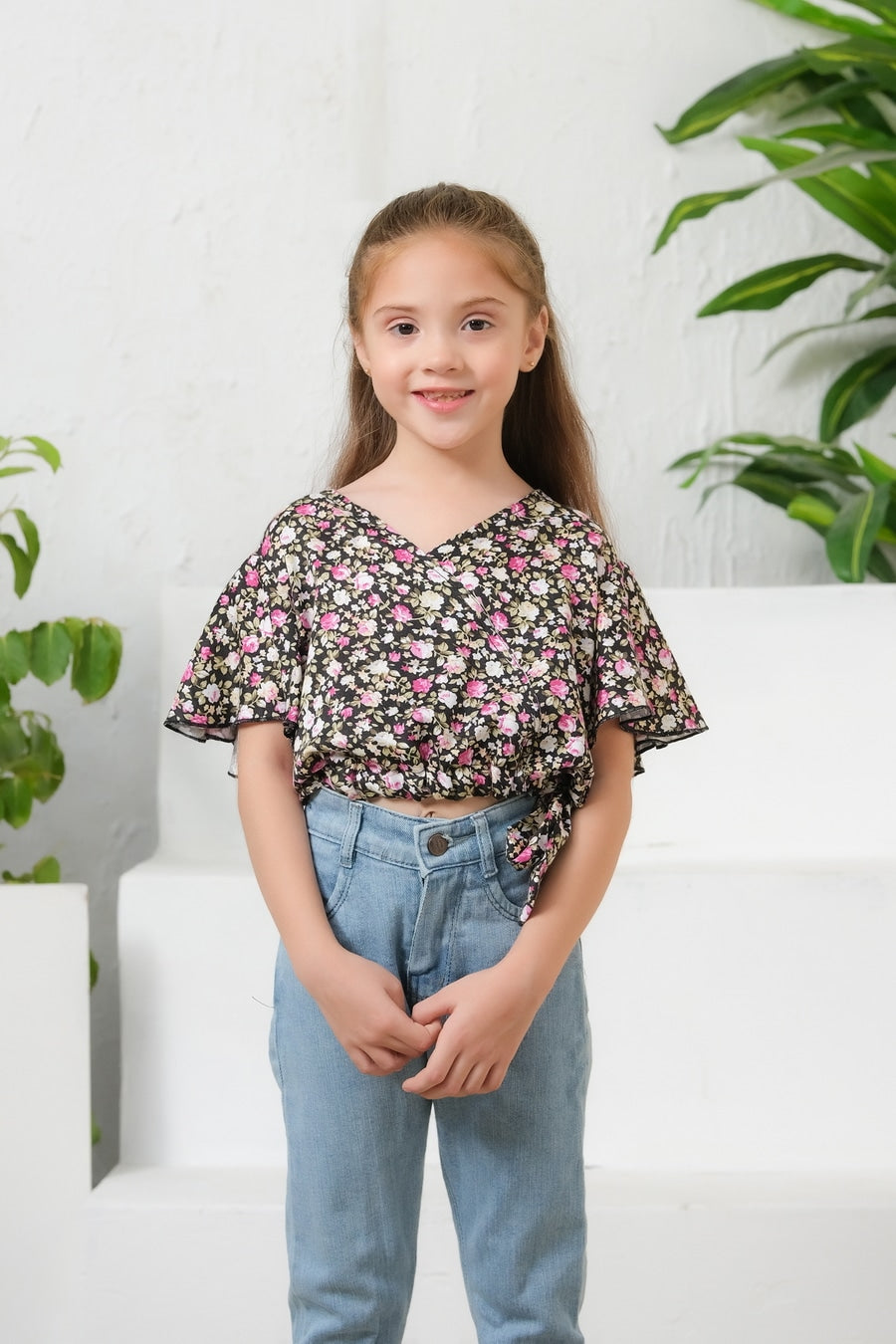 Ditsy Black Floral Print Crop Top - Cotton - shirts, topsshirts, kids-clearance - Sprinkles Pakistan