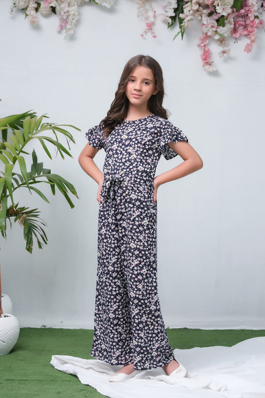 Black Lilacs Floral Print Ruffle Trim Belted Jumpsuit - Woven Fabric - dresses, jumpsuits, kids-clearance - Sprinkles Pakistan