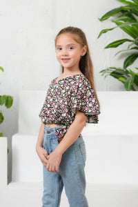 Ditsy Black Floral Print Crop Top - Cotton - shirts, topsshirts, kids-clearance - Sprinkles Pakistan