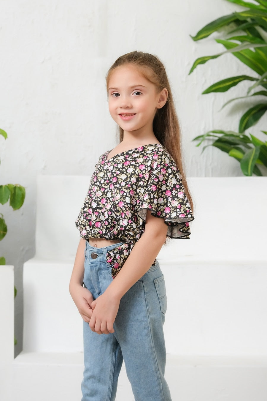 Ditsy Black Floral Print Crop Top - Cotton - shirts, topsshirts, kids-clearance - Sprinkles Pakistan