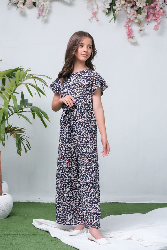 Black Lilacs Floral Print Ruffle Trim Belted Jumpsuit - Woven Fabric - dresses, jumpsuits, kids-clearance - Sprinkles Pakistan
