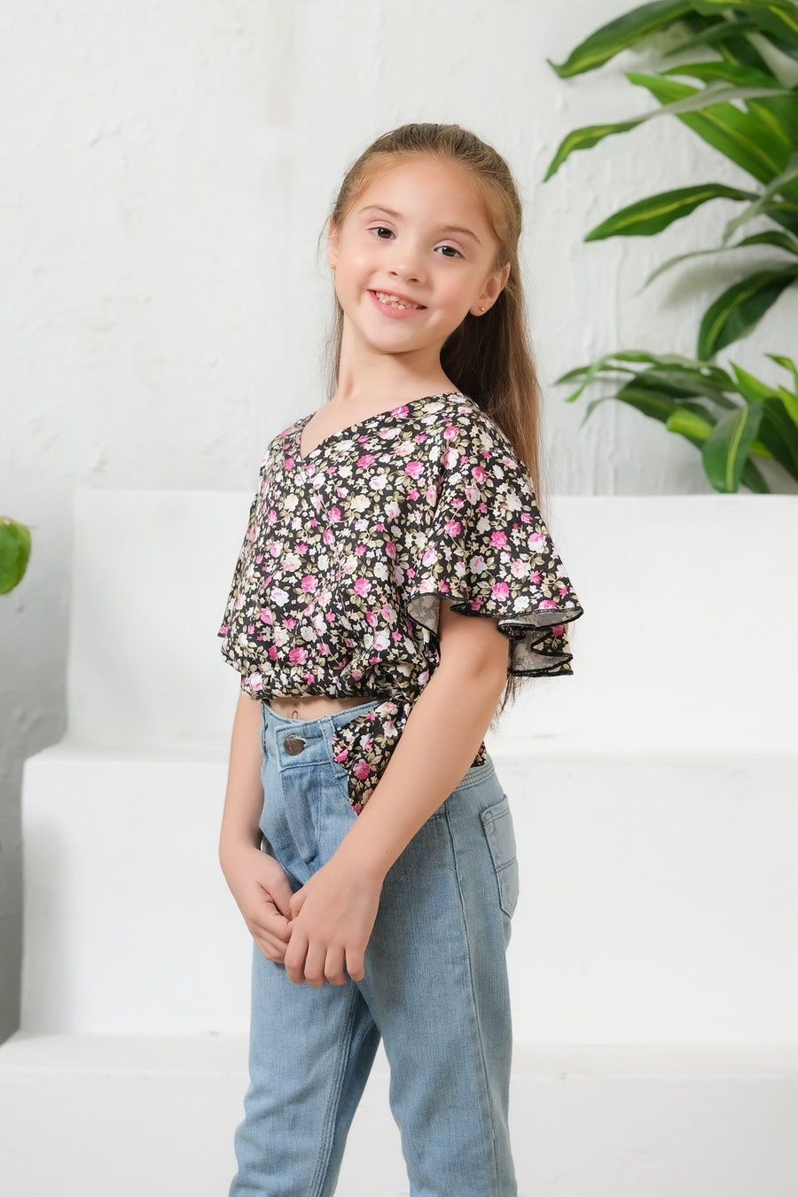 Ditsy Black Floral Print Crop Top - Cotton - shirts, topsshirts, kids-clearance - Sprinkles Pakistan