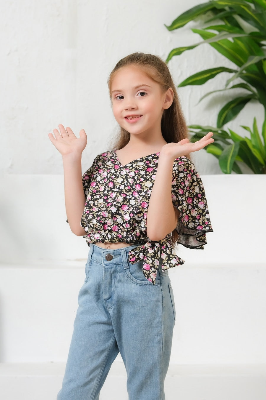 Ditsy Black Floral Print Crop Top - Cotton - shirts, topsshirts, kids-clearance - Sprinkles Pakistan