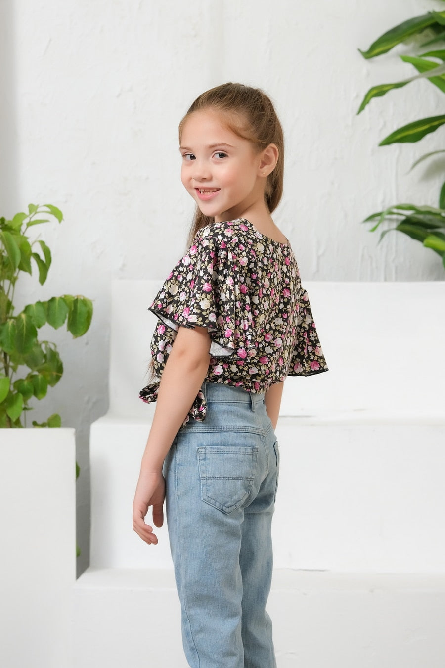 Ditsy Black Floral Print Crop Top - Cotton - shirts, topsshirts, kids-clearance - Sprinkles Pakistan