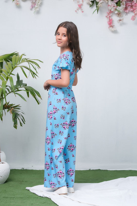 Sky Blue Rosaceae Floral Print Ruffle Trim Belted Jumpsuit