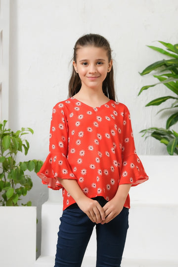 Allover Flowers Print Frill Sleeves Top