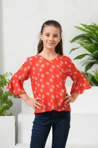 Allover Flowers Print Frill Sleeves Top - Cotton - shirts, topsshirts, kids-clearance - Sprinkles Pakistan