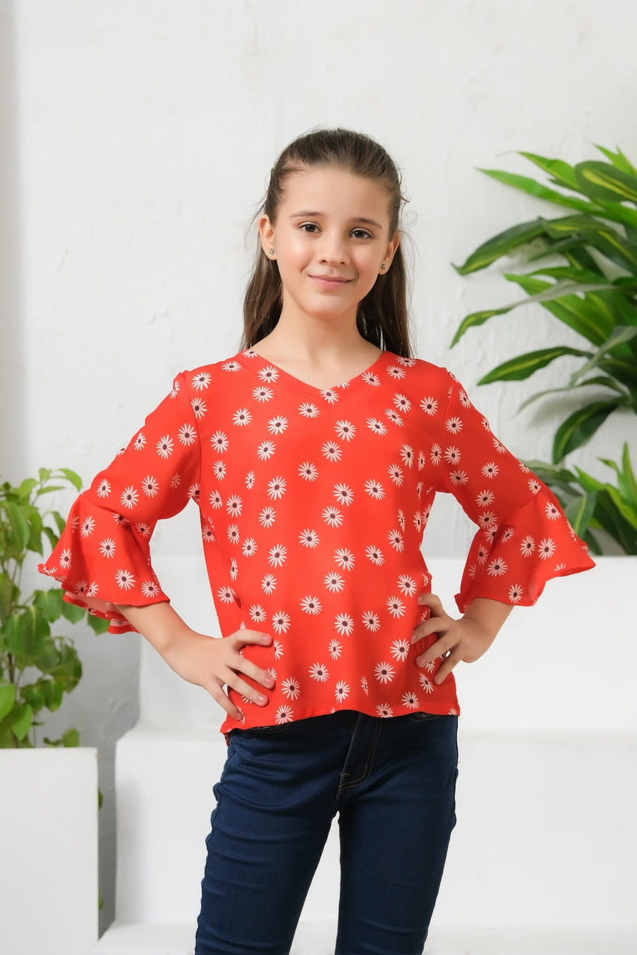 Allover Flowers Print Frill Sleeves Top - Cotton - shirts, topsshirts, kids-clearance - Sprinkles Pakistan