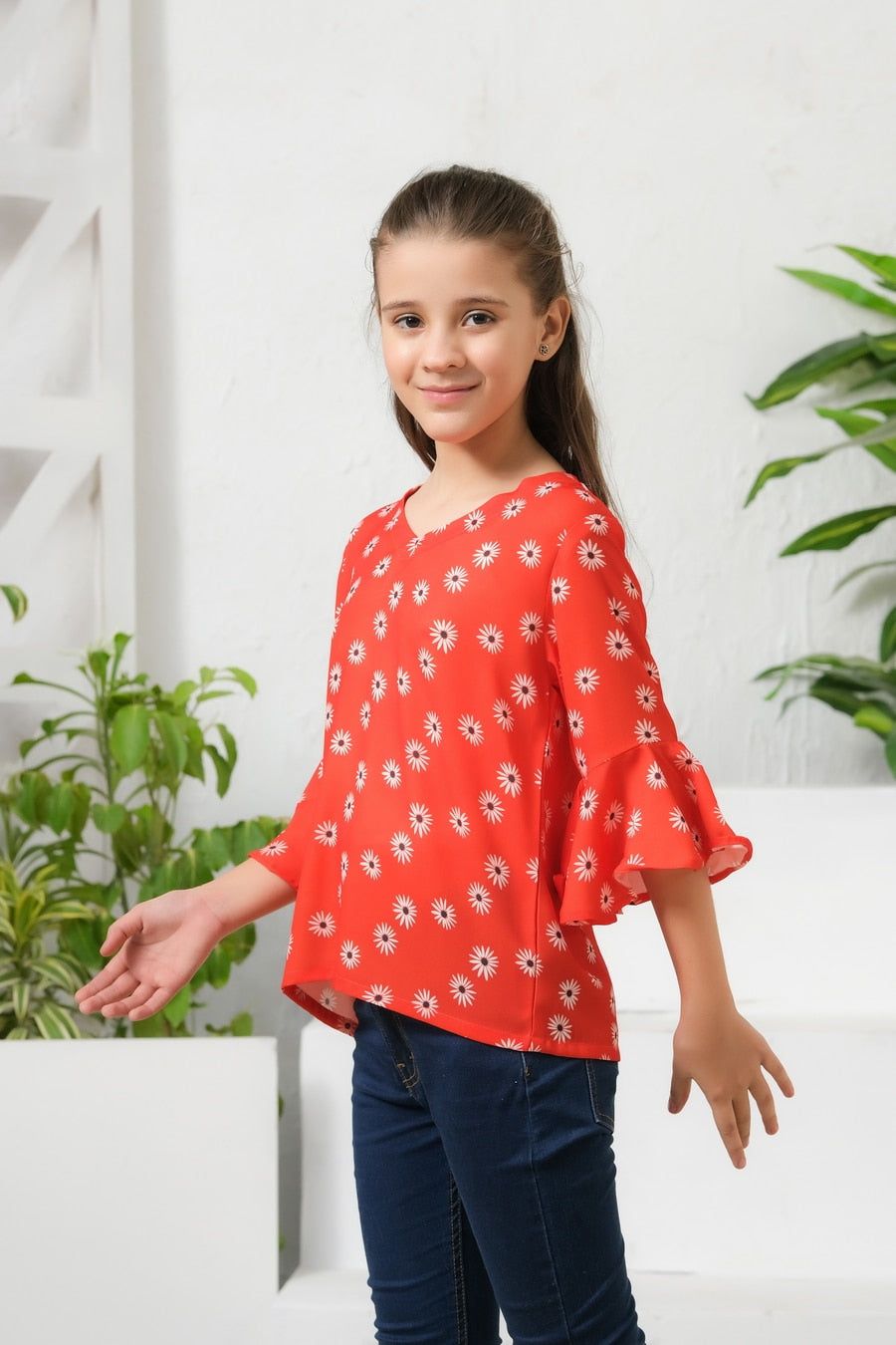 Allover Flowers Print Frill Sleeves Top - Cotton - shirts, topsshirts, kids-clearance - Sprinkles Pakistan