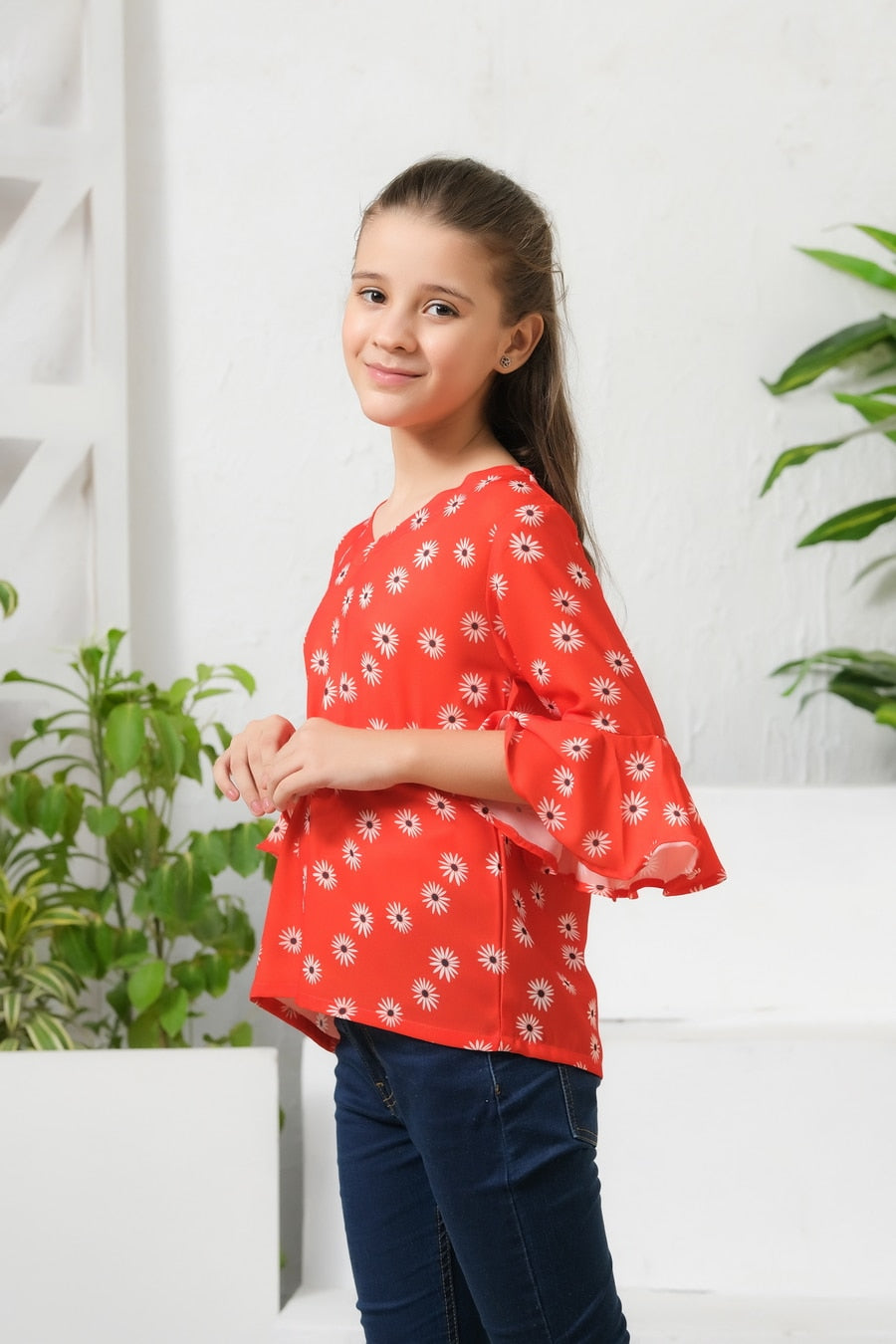 Allover Flowers Print Frill Sleeves Top