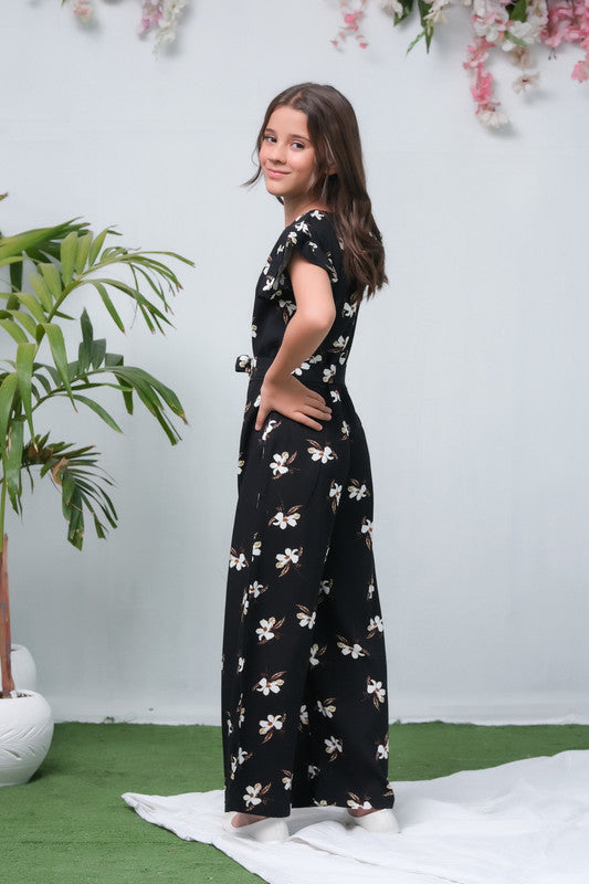 Black Orchid Floral Print Ruffle Trim Belted Jumpsuit