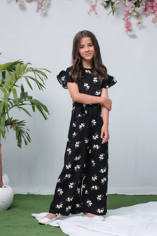 Black Orchid Floral Print Ruffle Trim Belted Jumpsuit