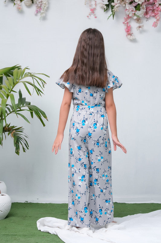 Grey with Blue Floral Print Ruffle Trim Belted Jumpsuit