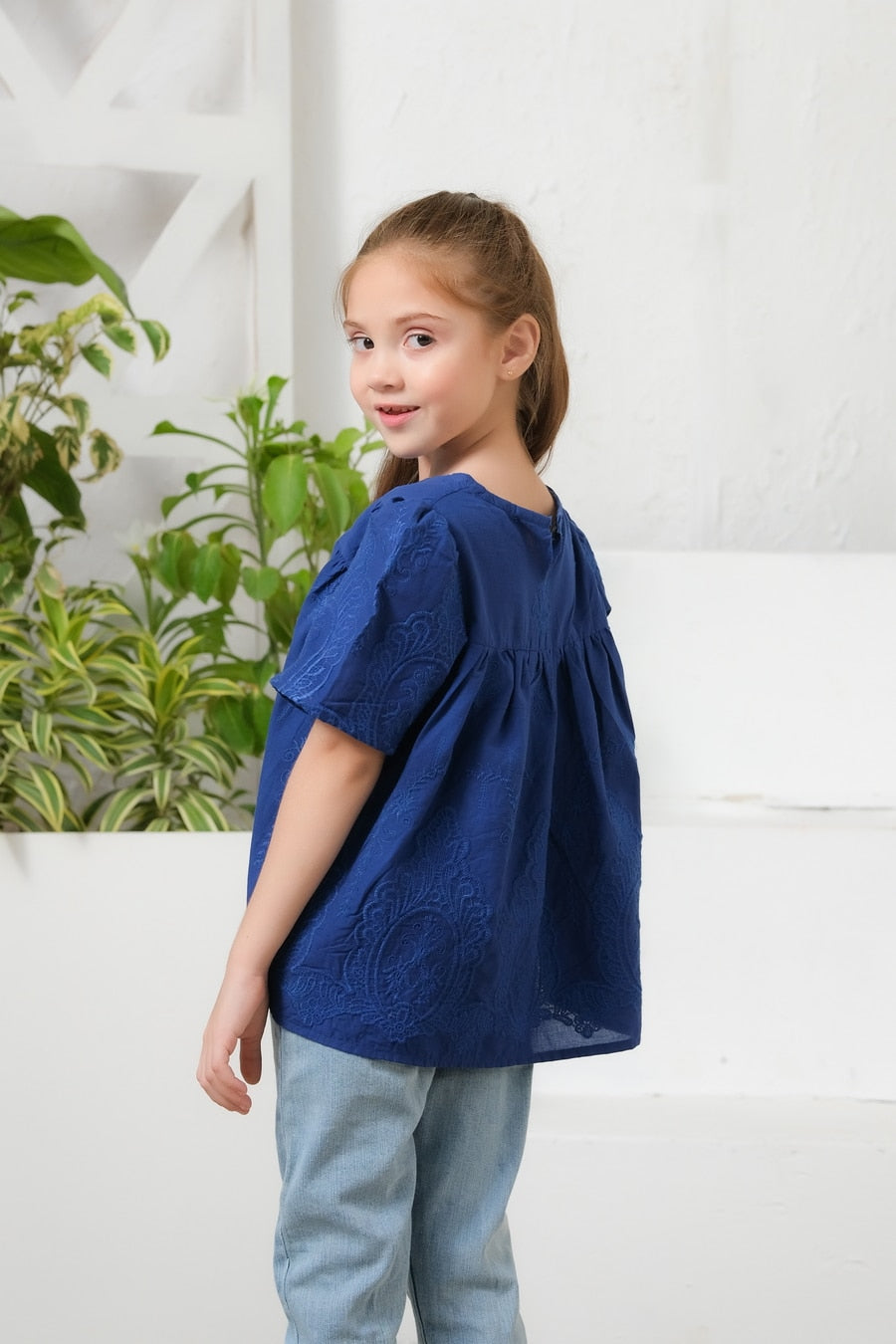 Blue Floral Embroidered Round Neck Top - Chicken Kari - shirts, topsshirts, kids-clearance - Sprinkles Pakistan