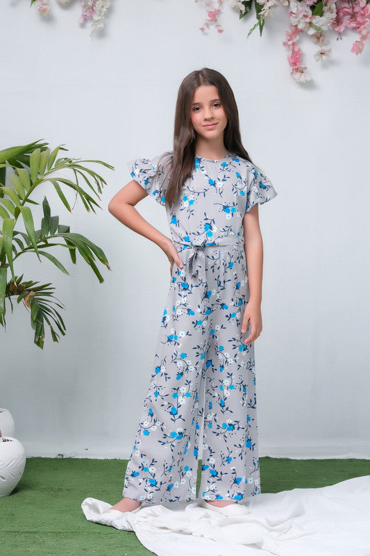 Grey with Blue Floral Print Ruffle Trim Belted Jumpsuit