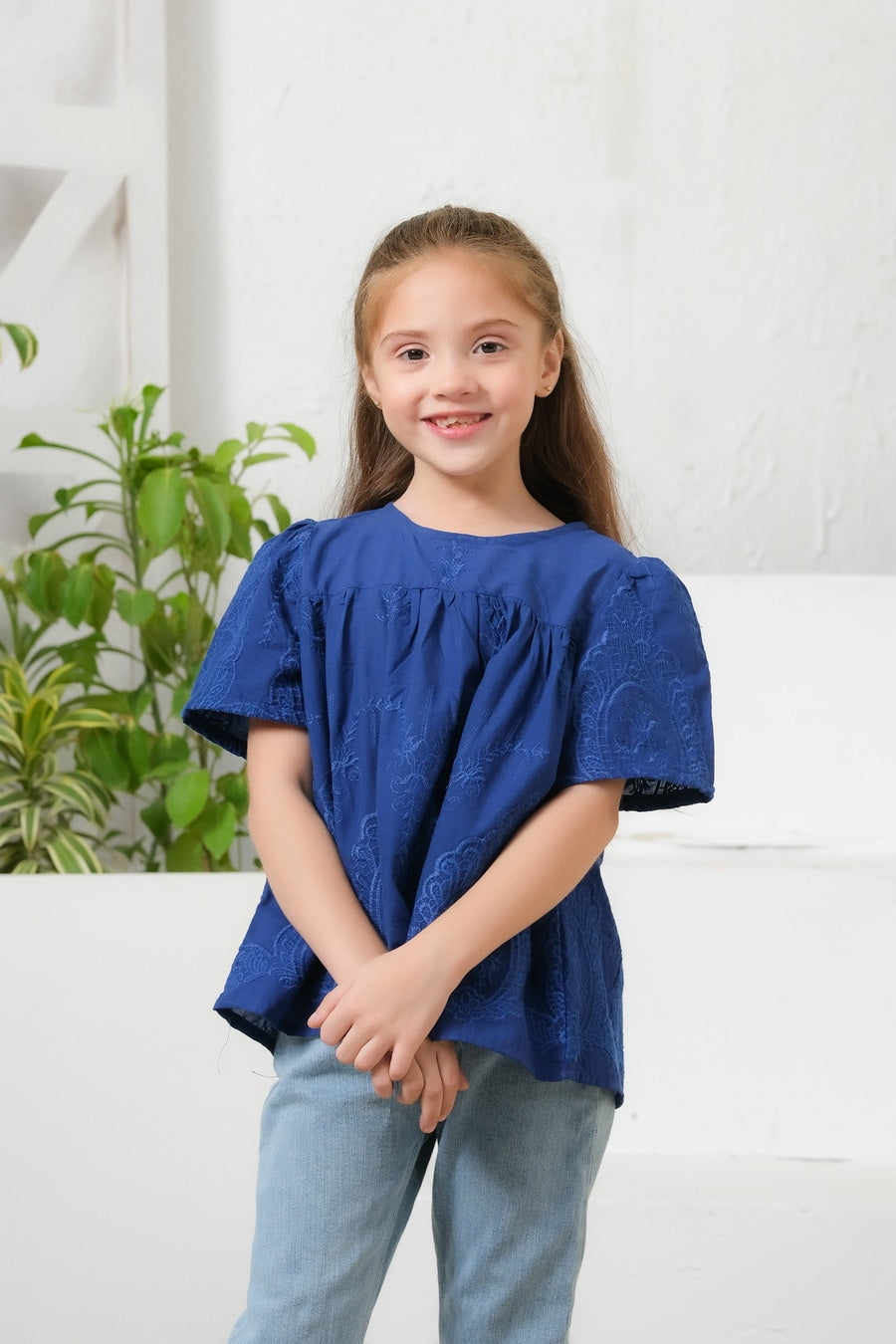 Blue Floral Embroidered Round Neck Top - Chicken Kari - shirts, topsshirts, kids-clearance - Sprinkles Pakistan