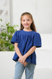 Blue Floral Embroidered Round Neck Top - Chicken Kari - shirts, topsshirts, kids-clearance - Sprinkles Pakistan