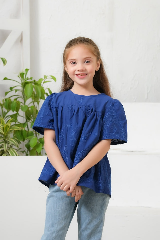 Blue Floral Embroidered Round Neck Top