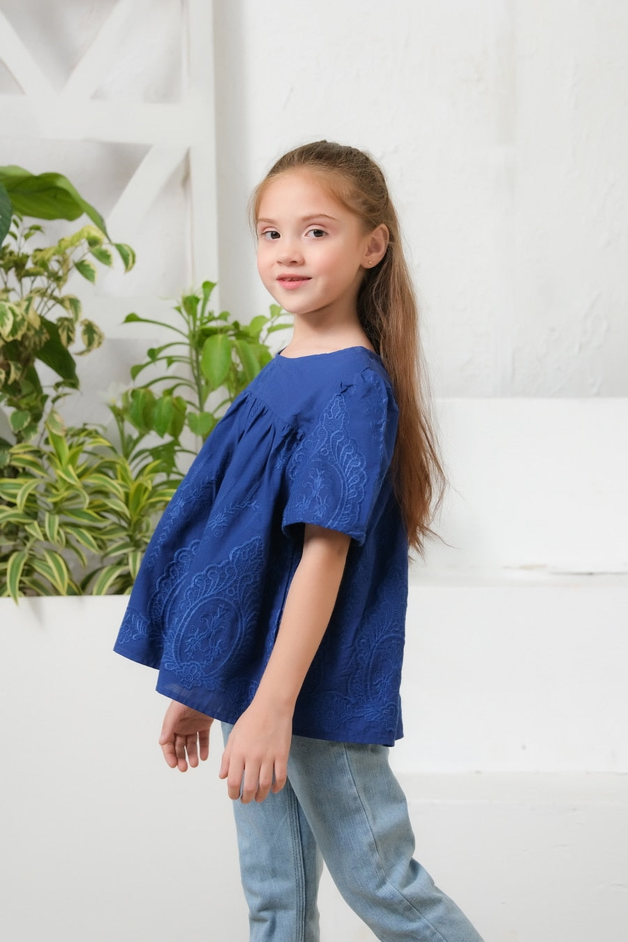 Blue Floral Embroidered Round Neck Top - Chicken Kari - shirts, topsshirts, kids-clearance - Sprinkles Pakistan