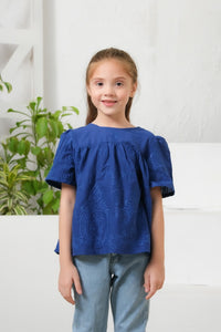 Blue Floral Embroidered Round Neck Top - Chicken Kari - shirts, topsshirts, kids-clearance - Sprinkles Pakistan