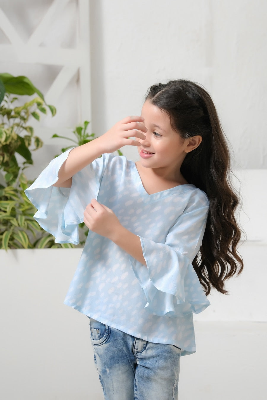 Allover Sky Dot Print Frill Sleeves Top - Cotton - shirts, topsshirts, kids-clearance - Sprinkles Pakistan