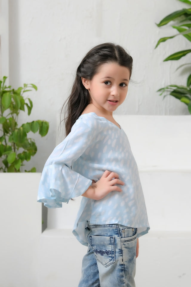 Allover Sky Dot Print Frill Sleeves Top