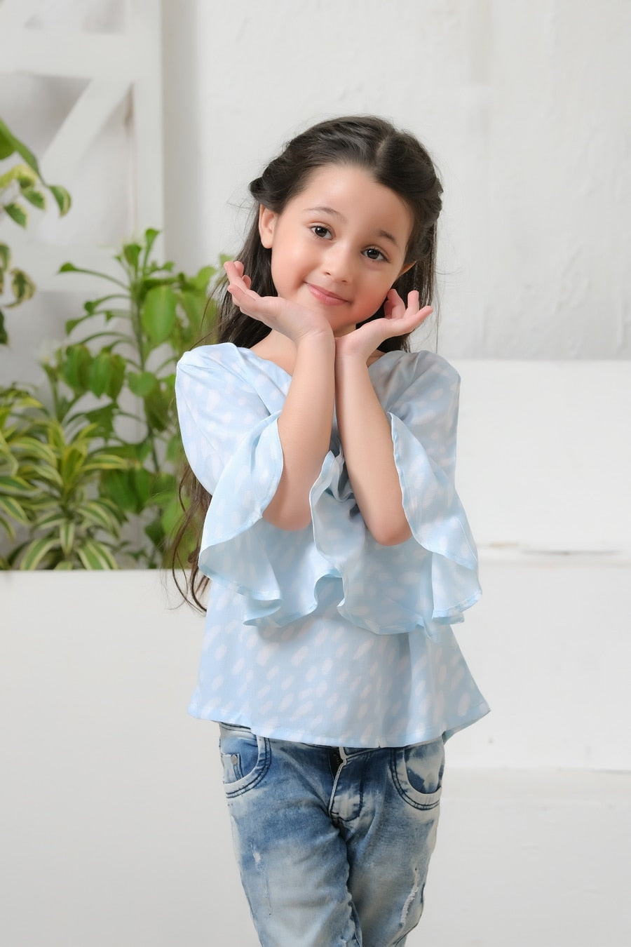 Allover Sky Dot Print Frill Sleeves Top - Cotton - shirts, topsshirts, kids-clearance - Sprinkles Pakistan