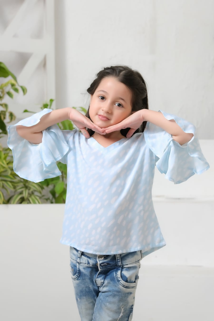 Allover Sky Dot Print Frill Sleeves Top - Cotton - shirts, topsshirts, kids-clearance - Sprinkles Pakistan
