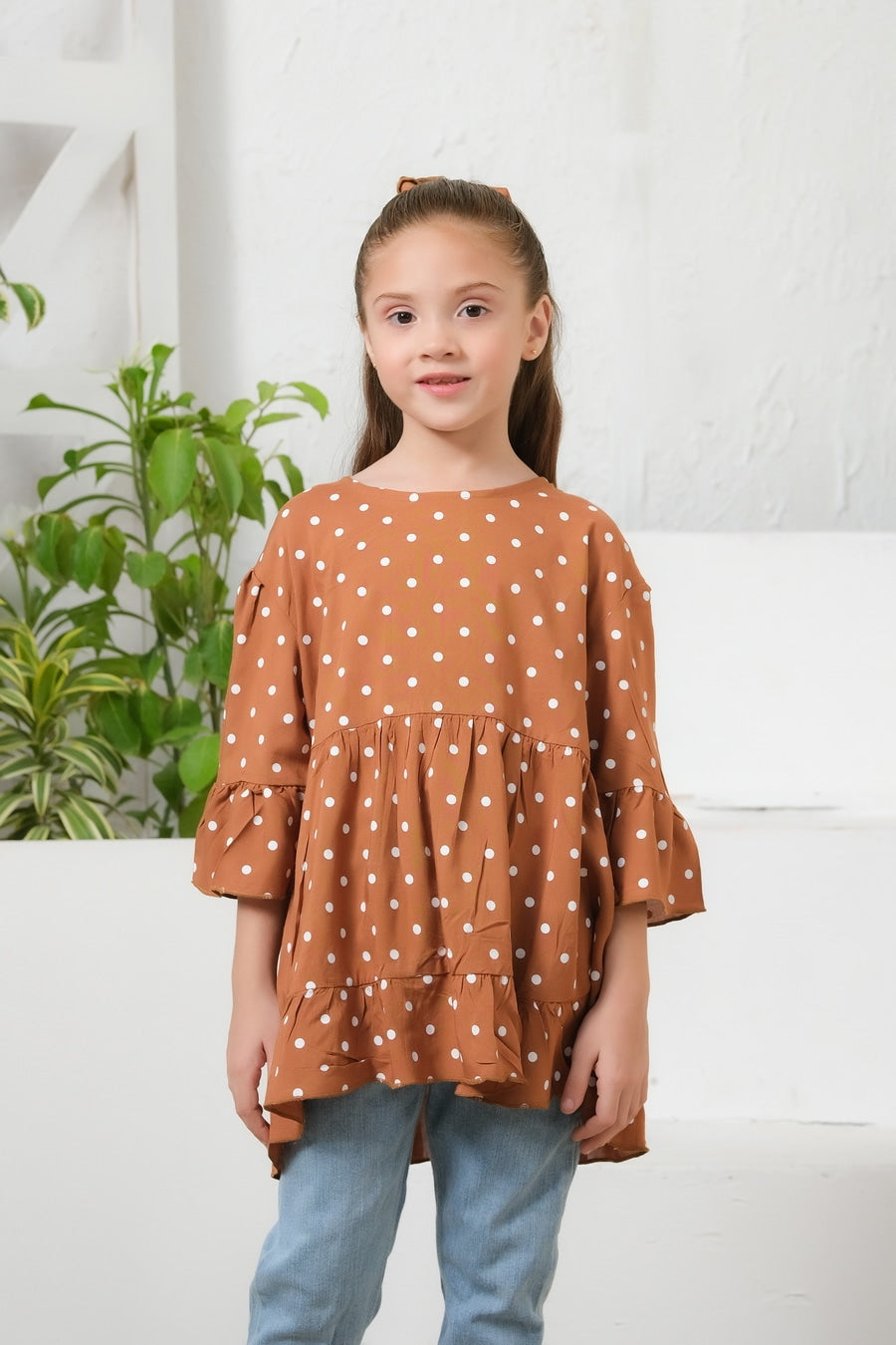 Dot Print Puff Sleeve Peplum Top