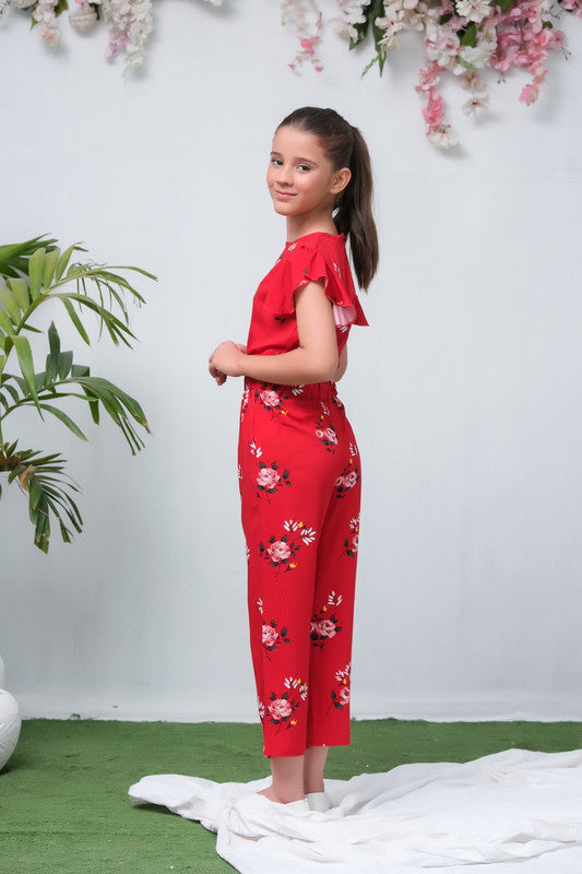 Red Floral Print Ruffle Smart Fit Jumpsuit