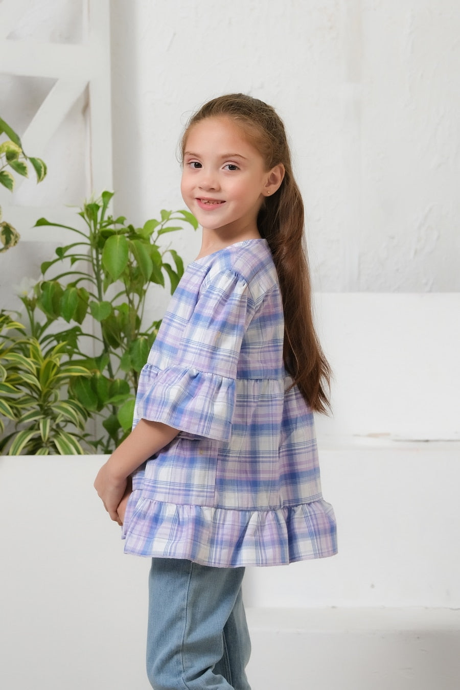 Plaid  Print Puff Sleeve Shirt - Purple - Cotton - shirts, topsshirts, kids-clearance - Sprinkles Pakistan