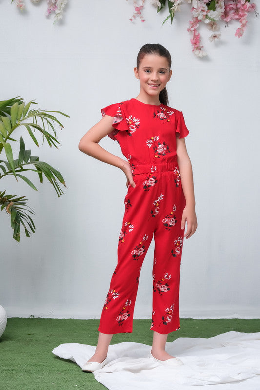 Red Floral Print Ruffle Smart Fit Jumpsuit