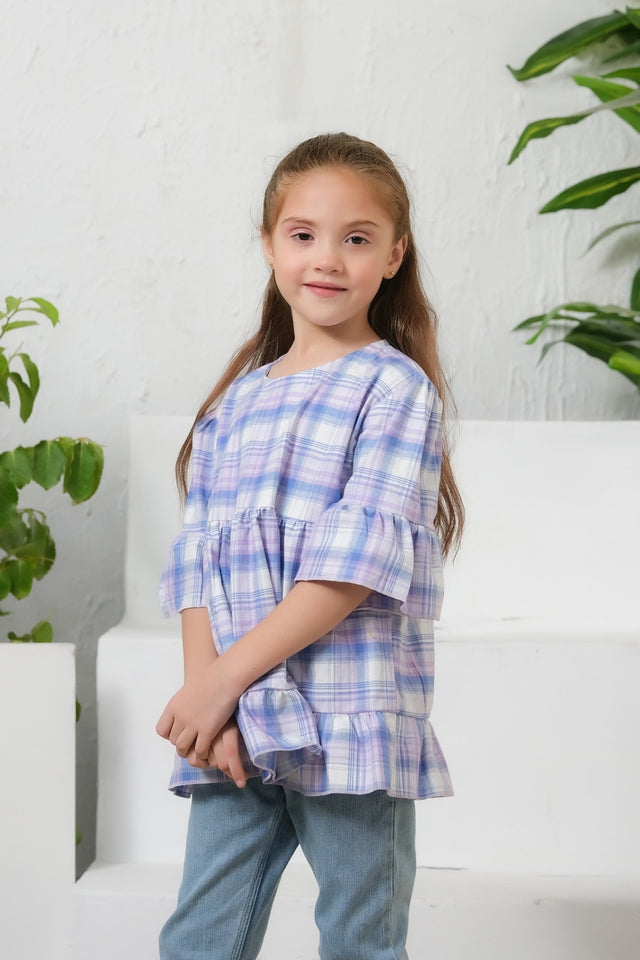 Plaid  Print Puff Sleeve Shirt - Purple