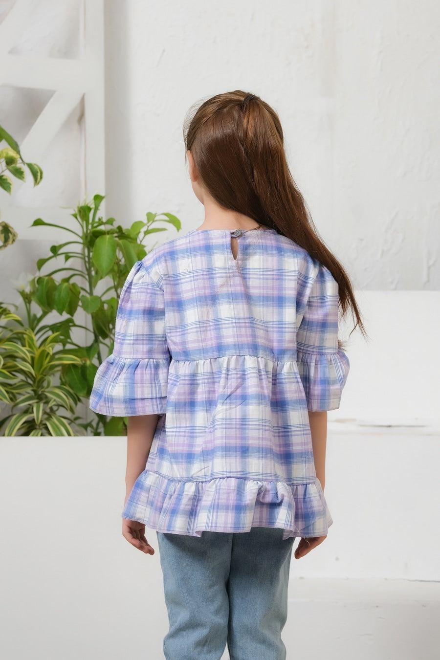 Plaid  Print Puff Sleeve Shirt - Purple