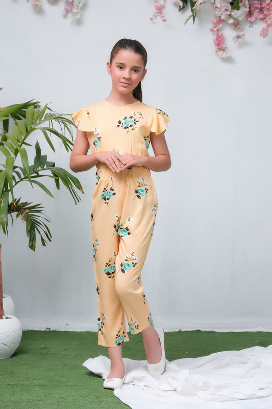 Yellow with Green Floral Print Smart Fit Jumpsuit
