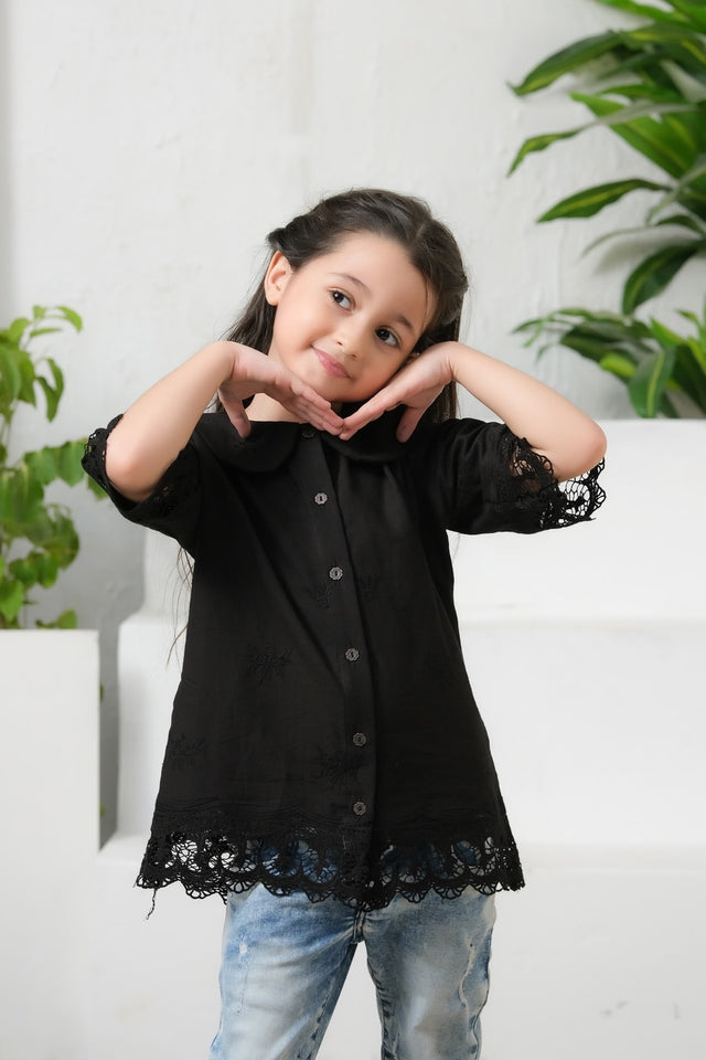 Black Drop Shoulders Embroidery Shirt - Chicken Kadi - shirts, topsshirts, kids-clearance - Sprinkles Pakistan